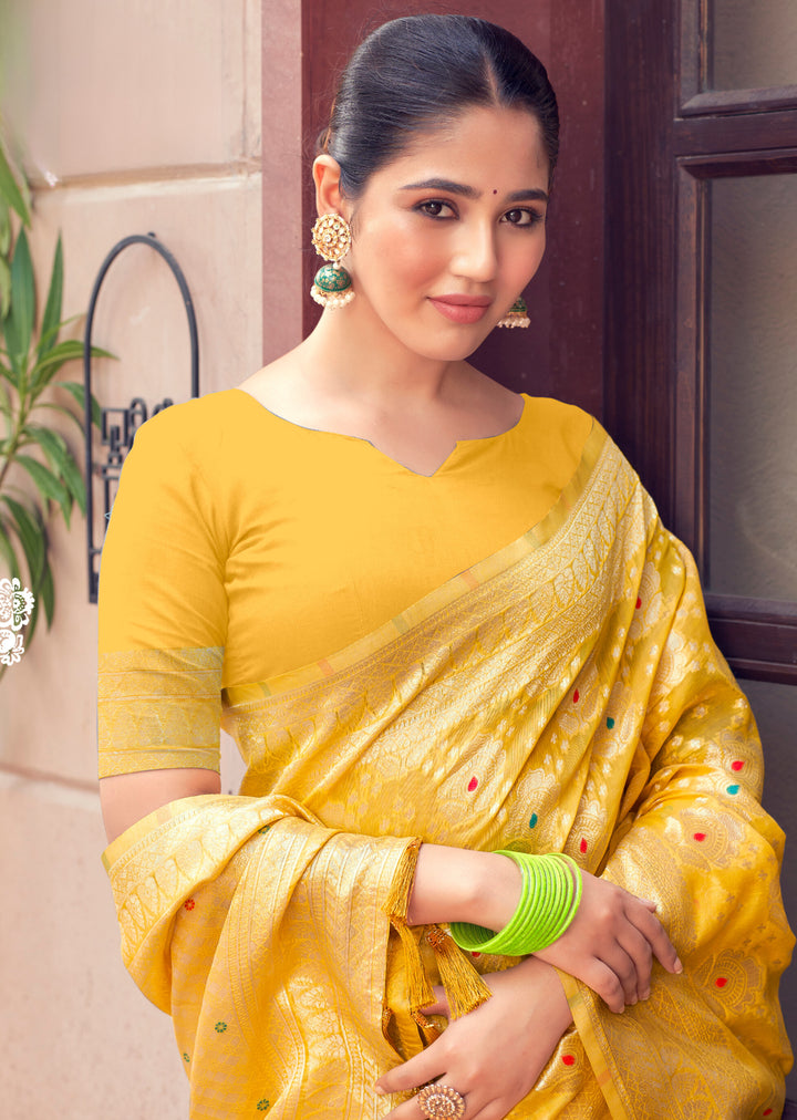 YELOW COLOR LINEN LUCKNOWI WEAVING SILK SAREE