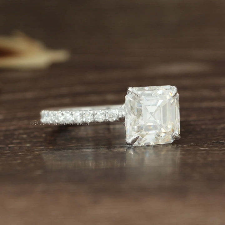 Asscher Cut Solitaire Moissanite Accent Ring