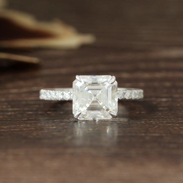 Asscher Cut Solitaire Moissanite Accent Ring