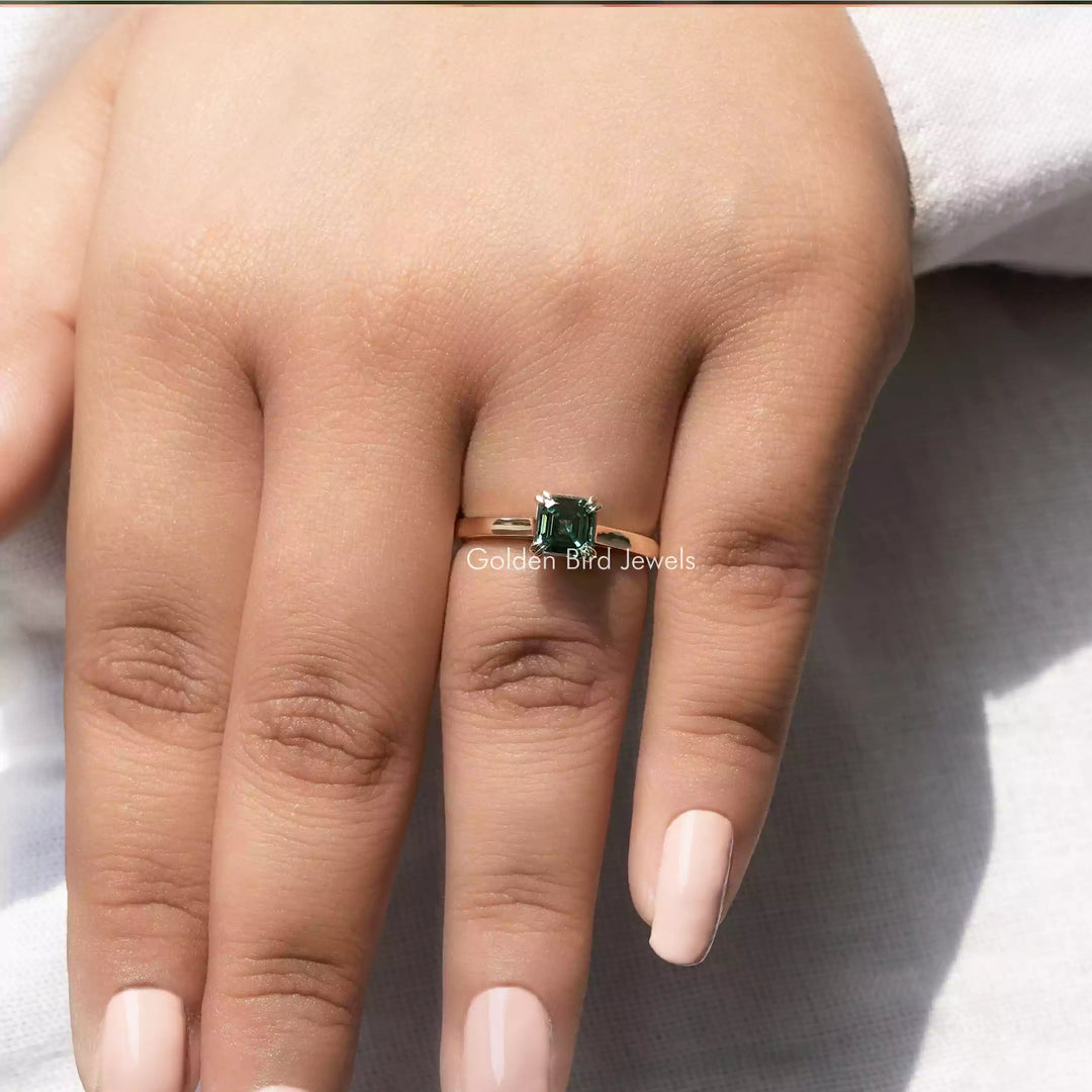 Green Asscher Cut Solitaire Moissanite Engagement Ring