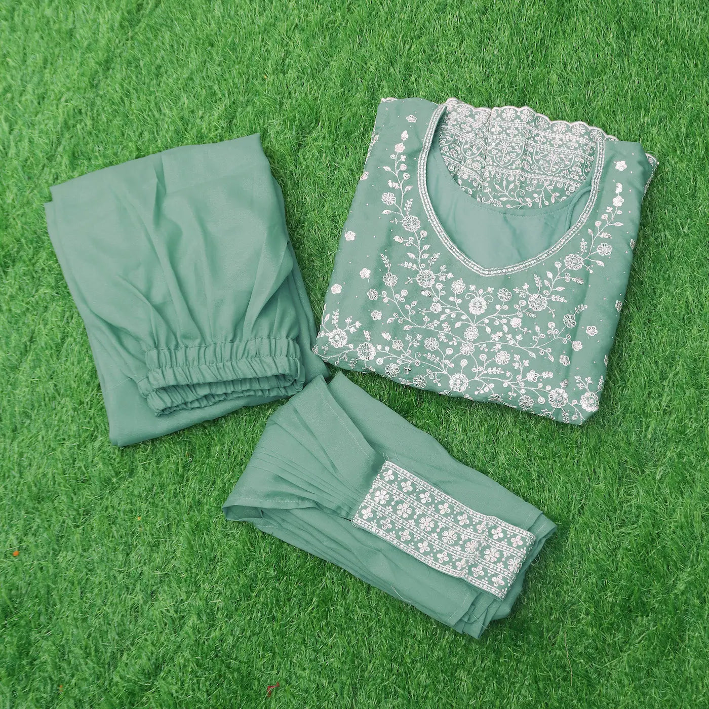 Sea Green Star Georgette Embroidery Palazzo Suit - qivii