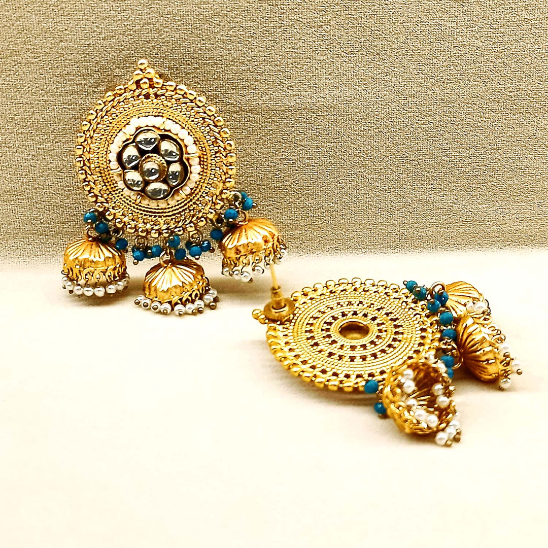 Kajal Sky Blue Stone Gold Plated Antique Jhumki