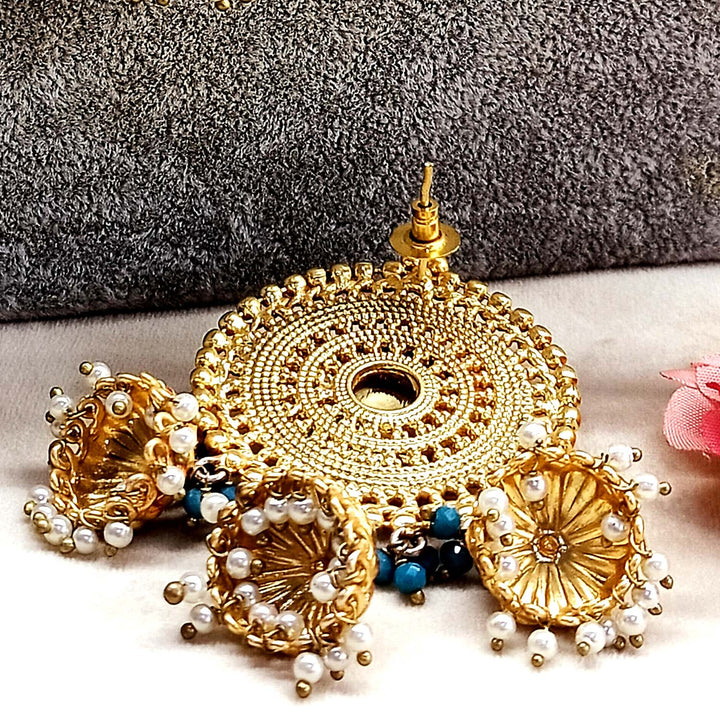 Kajal Sky Blue Stone Gold Plated Antique Jhumki