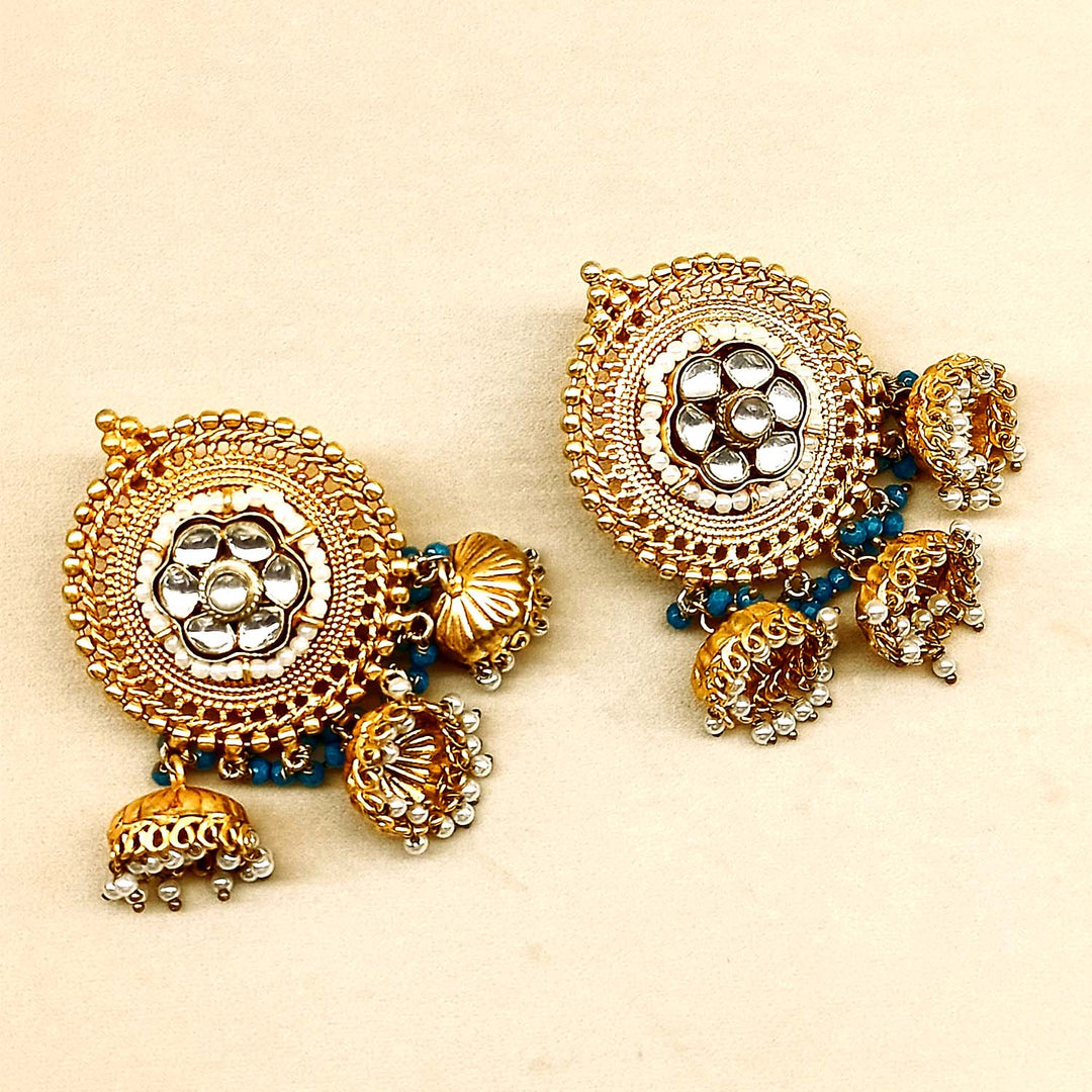 Kajal Sky Blue Stone Gold Plated Antique Jhumki