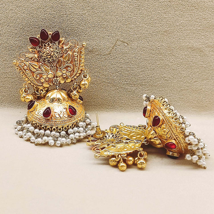 Madhulata Ruby Stone Gold Plated Antique Temple Jhumki