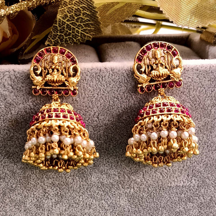 Megha Rose Pink Stone Gold Plated Antique Temple Jhumki