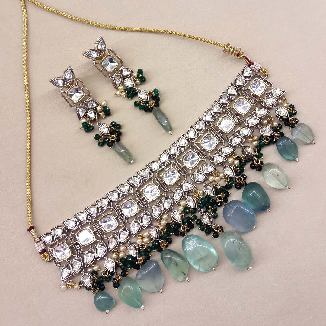 Bushra Mint Green Rhodium Plated Victorian Necklace Set