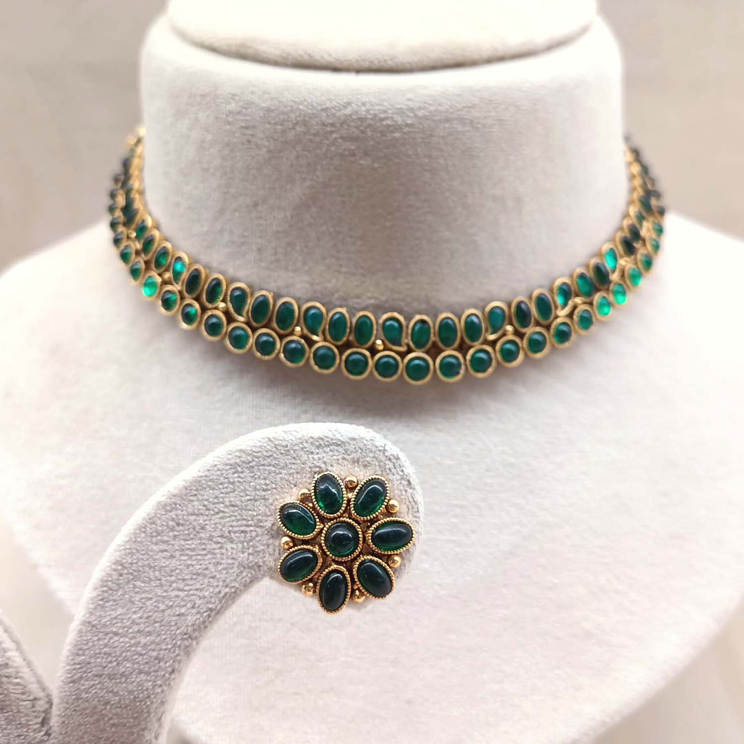 Erum Antique Gold Plated Green Stones Necklace Set