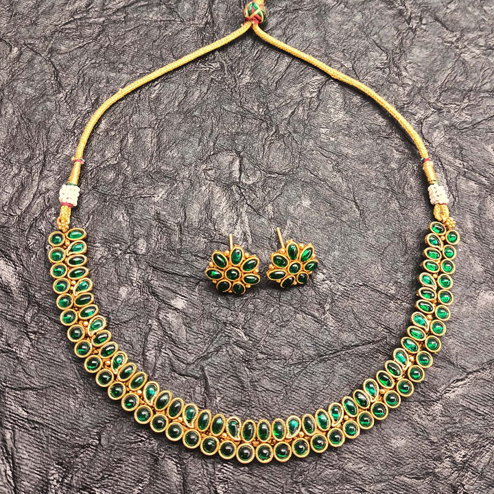 Erum Antique Gold Plated Green Stones Necklace Set