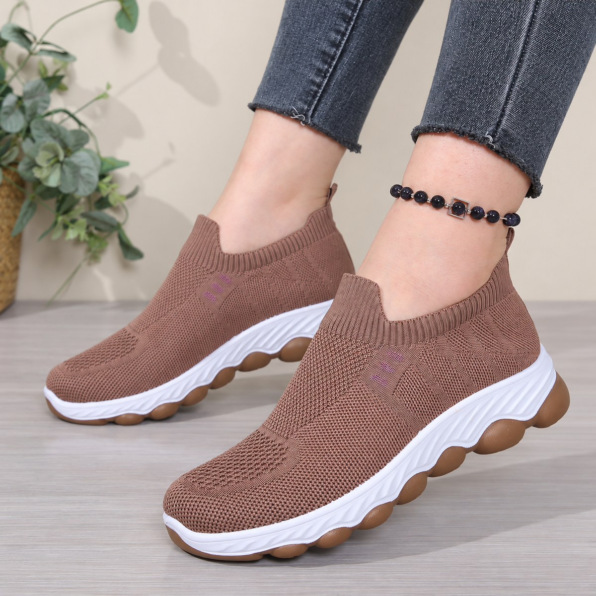 Bootara women's Avenleigh knit slip-on sneakers in brown with breathable mesh and round toes, casual shoes for US sizes 5 to 10.5.
