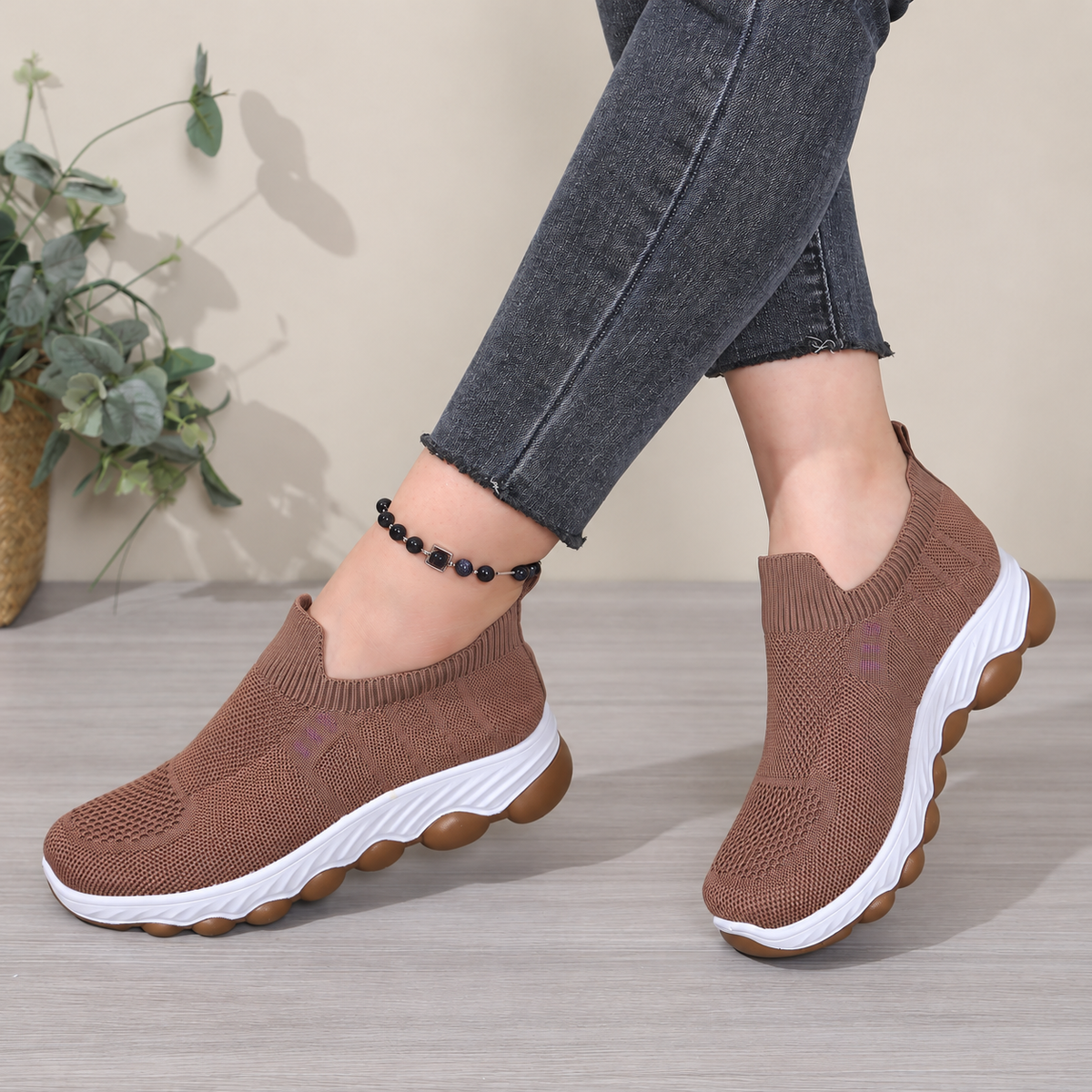 Women's Avenleigh Knit Slip-On Sneakers by Bootara in brown with breathable mesh, round-toe casual shoes for US sizes 5-10.5.