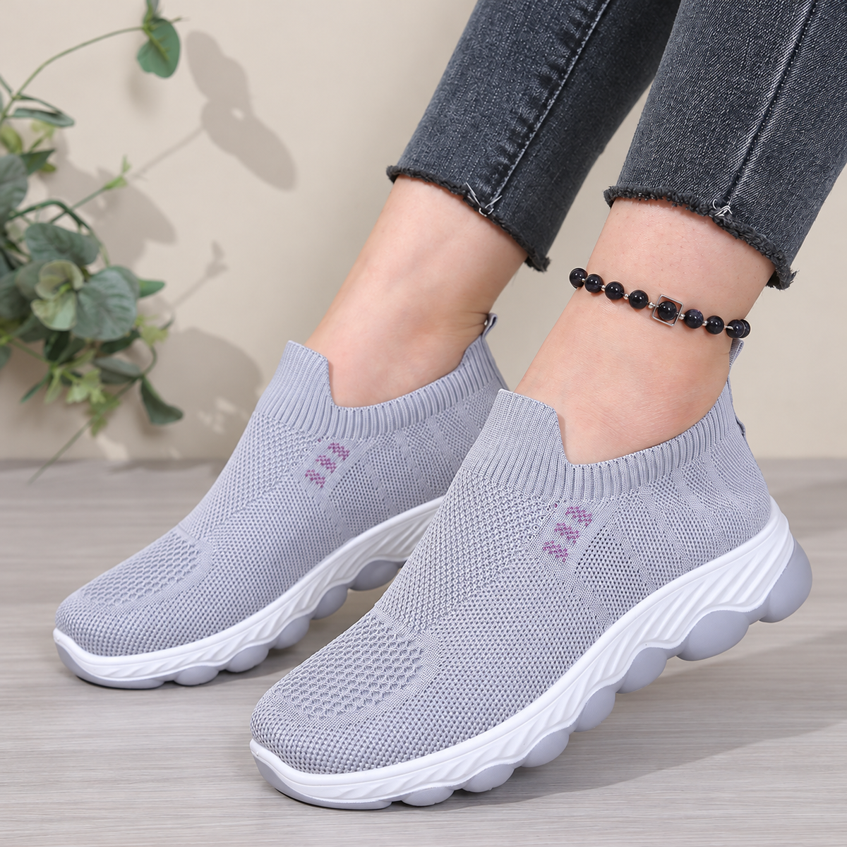 Women's Avenleigh Knit Slip-On Sneakers by Bootara in gray, featuring breathable mesh and round toe casual design.
