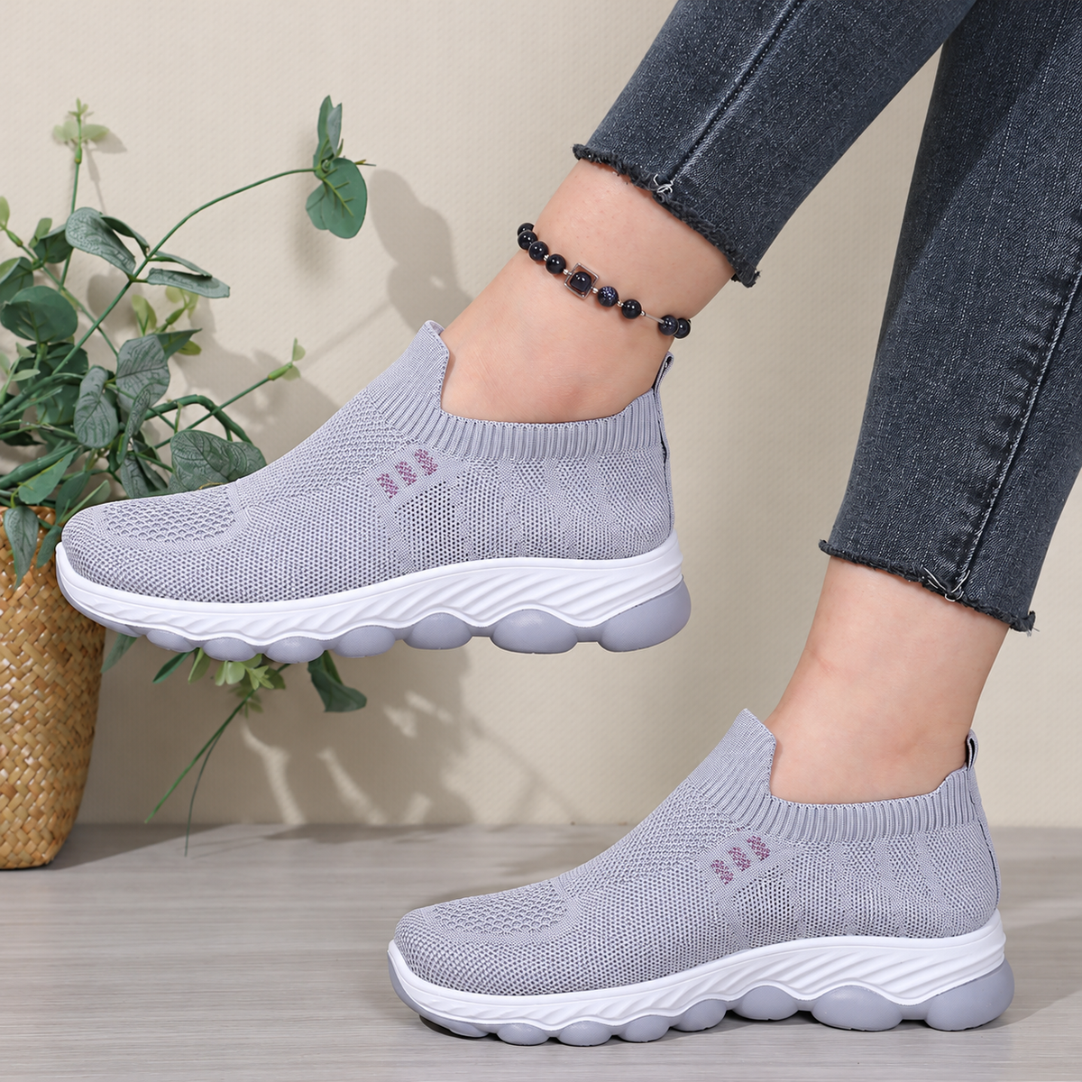 Gray women's Avenleigh Knit Slip-On Sneakers by Bootara, breathable mesh casual shoes with round toes for US sizes 5 to 10.5.