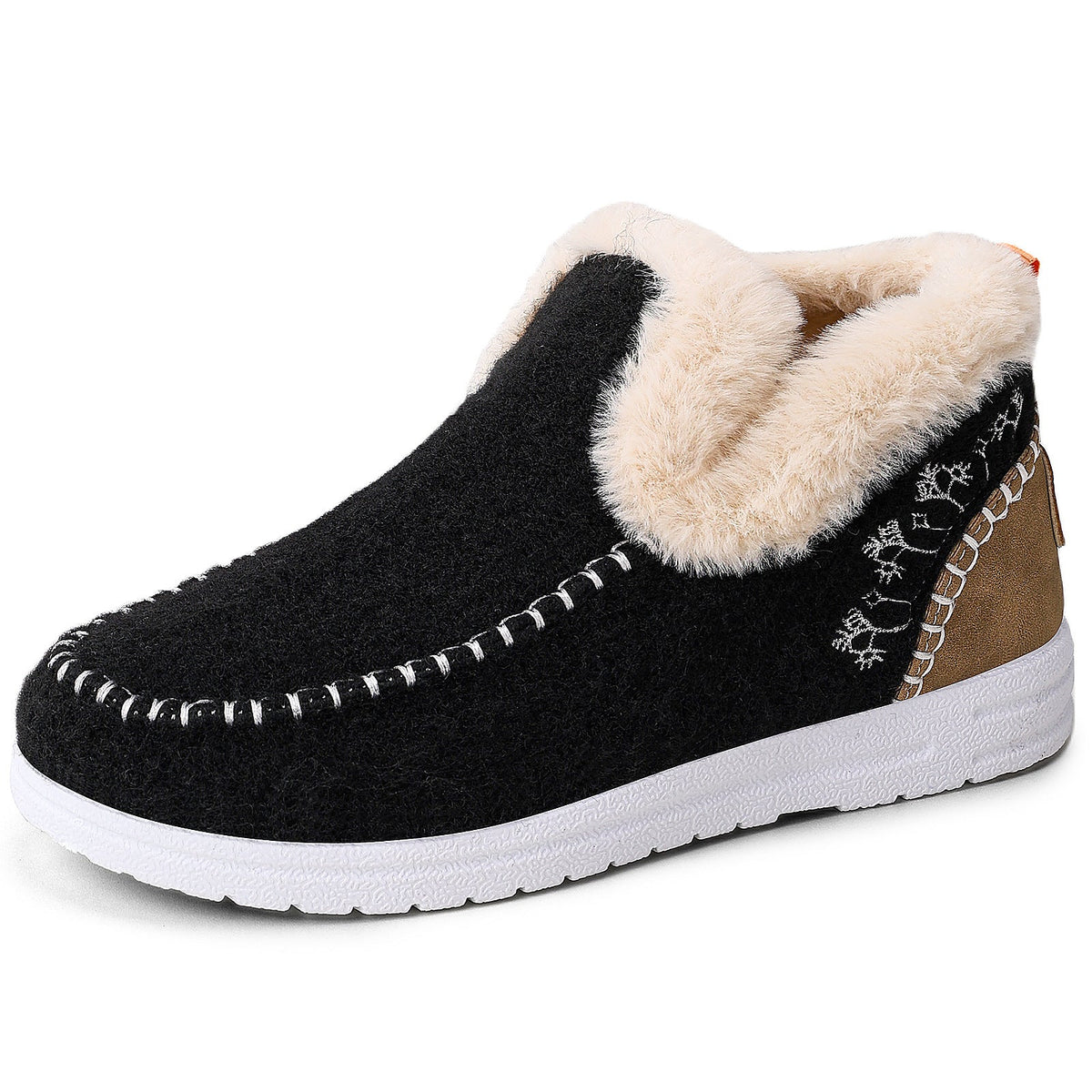 Black Women's Wrenvale Faux Fur Lined Winter Moccasins by Bootara, round-toe slip-on shoes with cozy interior, available in US sizes 5-12.