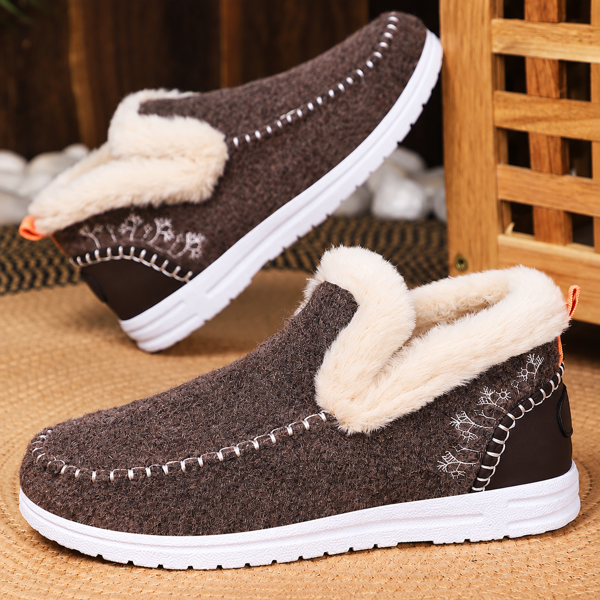Women's Bootara Wrenvale brown faux fur-lined winter slip-on moccasins with round toes, cozy and stylish footwear for cold weather.