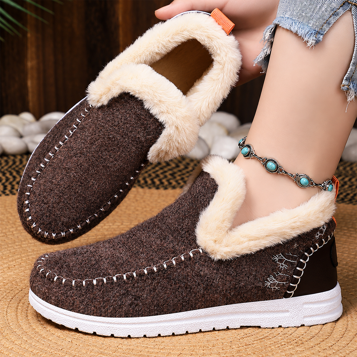 Women's Wrenvale faux fur-lined winter slip-on moccasins by Bootara, brown round-toe women's shoes with cozy interior detailing.