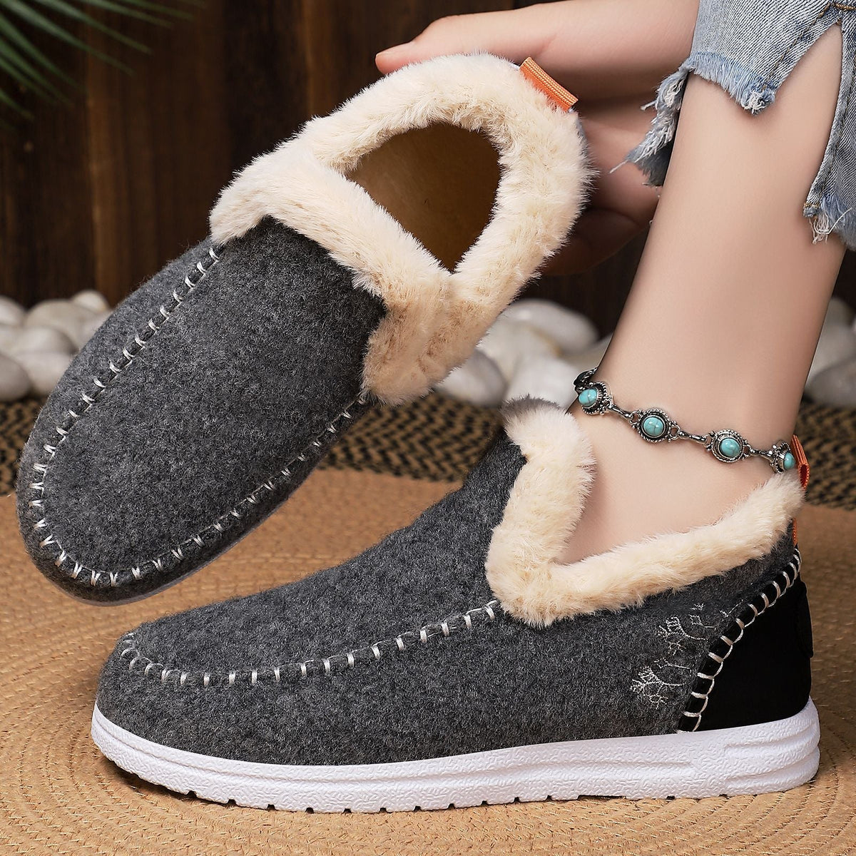 Women's Bootara Wrenvale gray faux fur-lined winter slip-on moccasins with round toes, perfect for cold weather comfort.