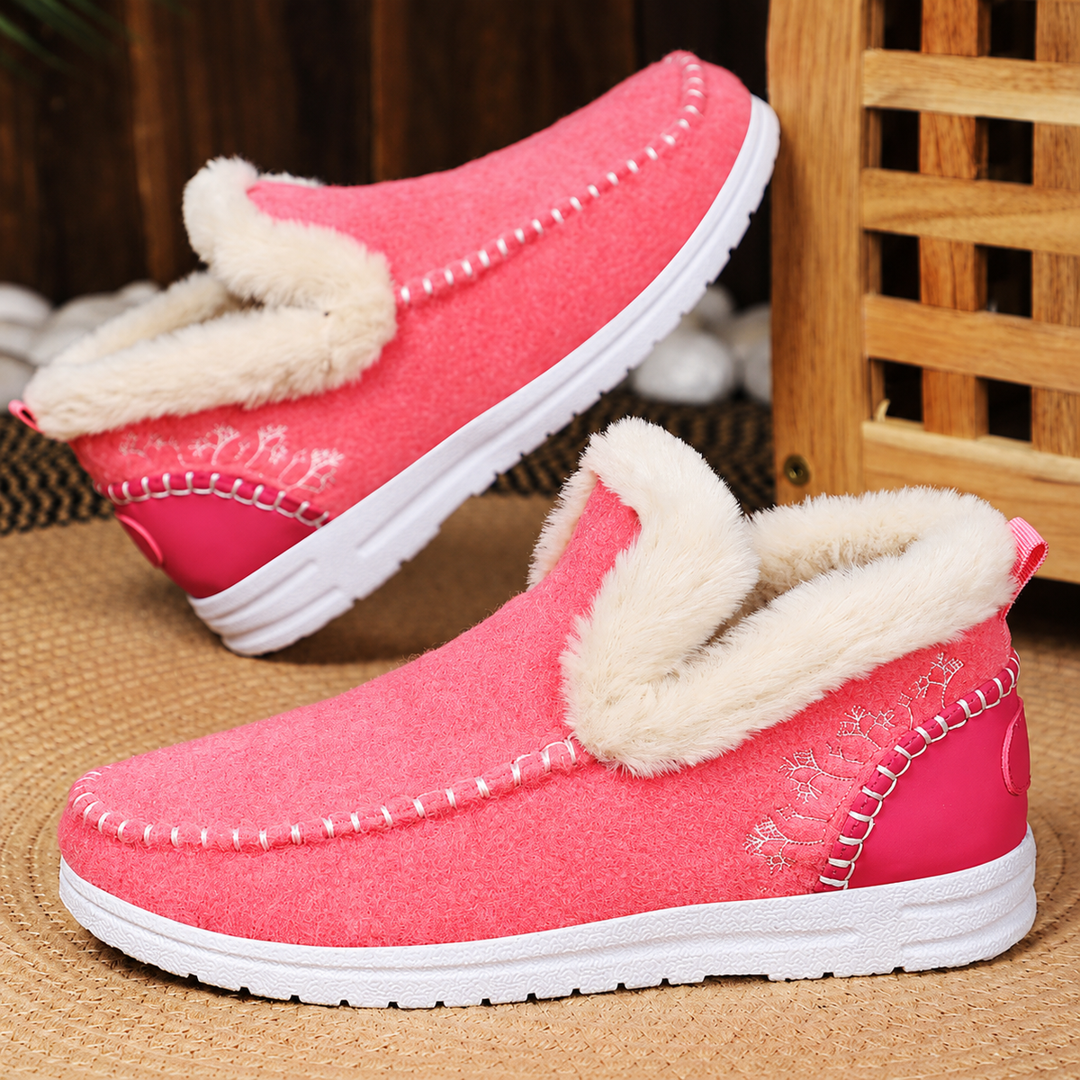 Women's Rose Red Wrenvale faux fur-lined winter slip-on moccasins by Bootara, round-toe design, detailed close-up.