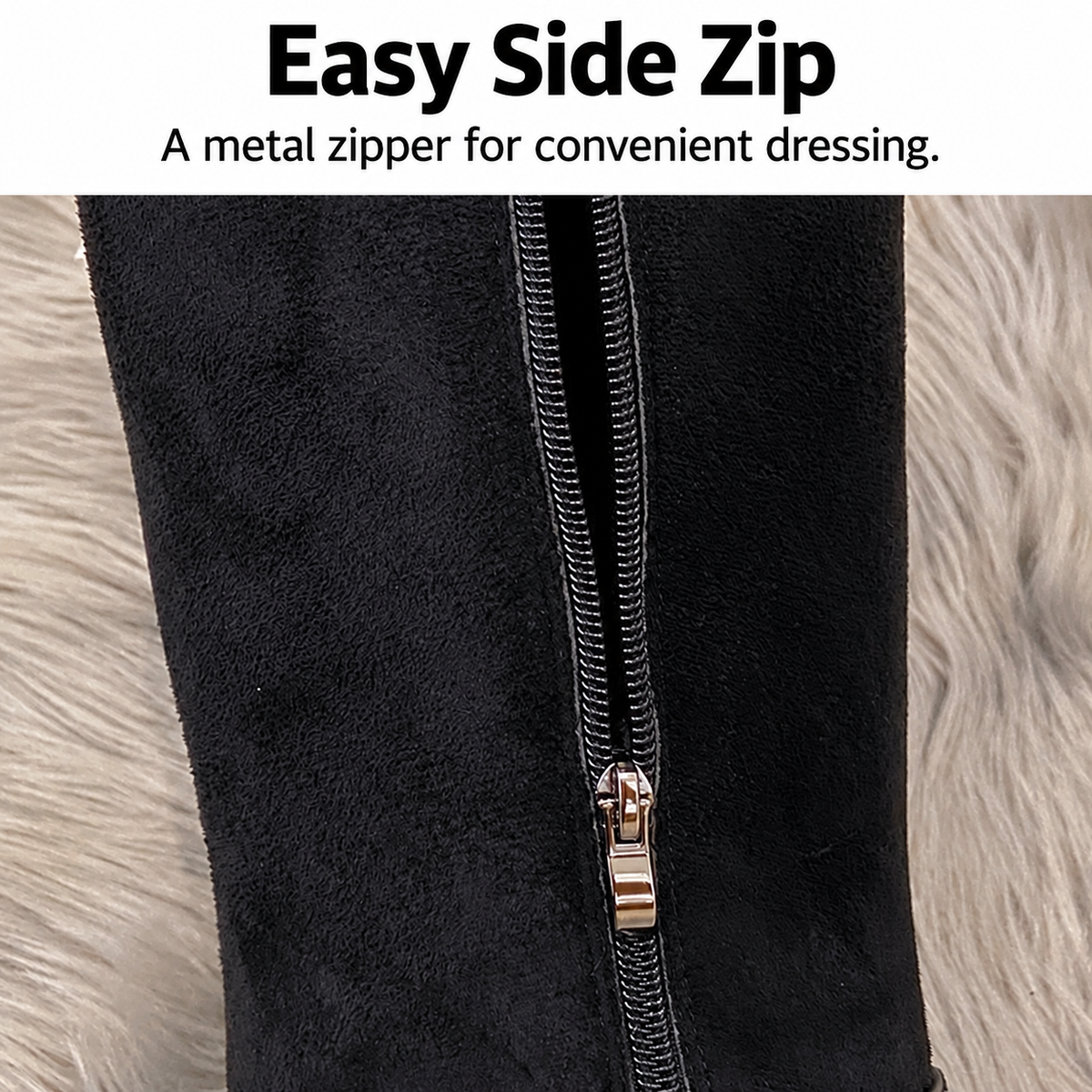 Black women's Elowick tall winter boots by Bootara with fur cuff, side zipper, and wedge lug sole, available in US sizes 4-9.