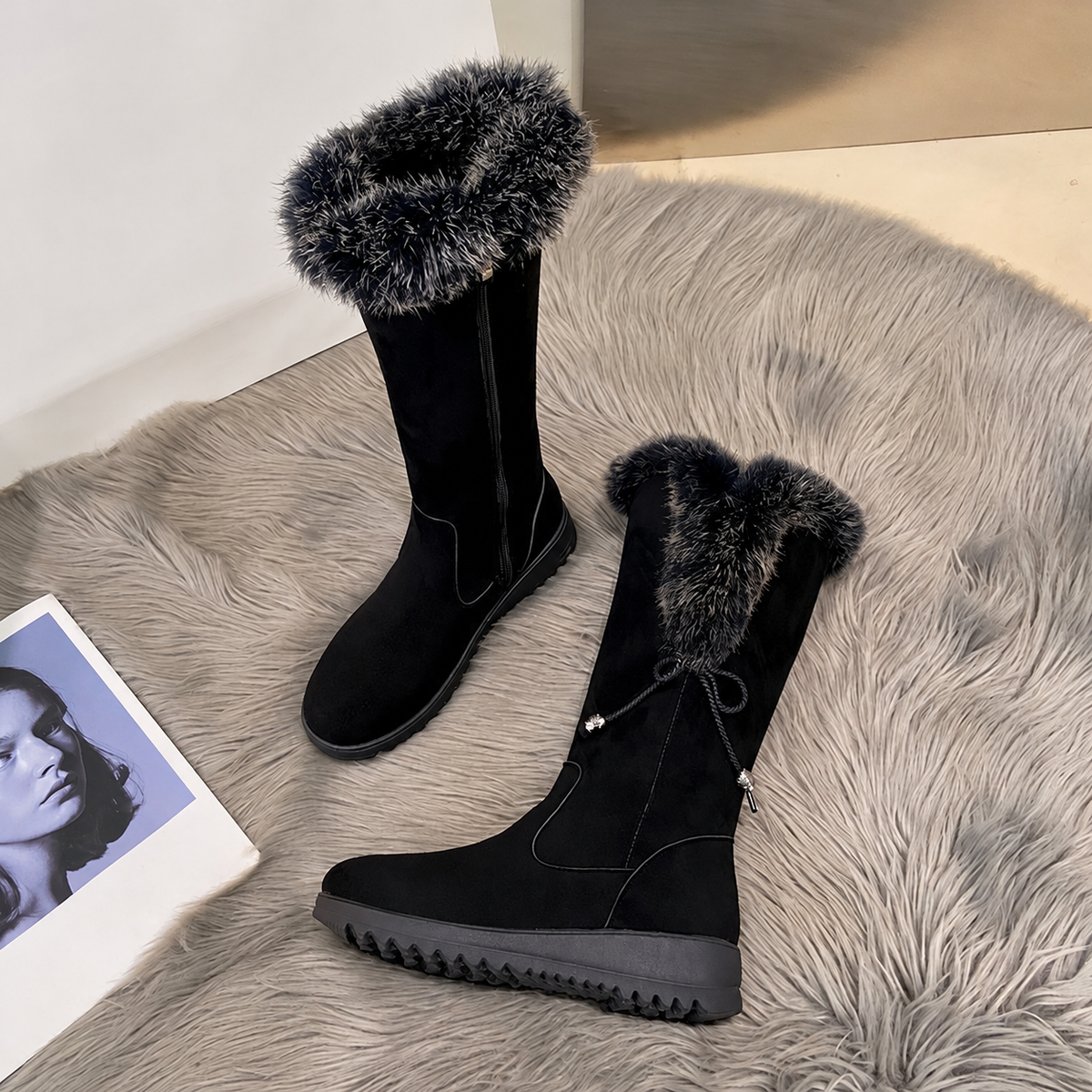 Women's black Elowick winter boots by Bootara with fur cuff, side zipper, and wedge lug sole, available in US sizes 4-9.