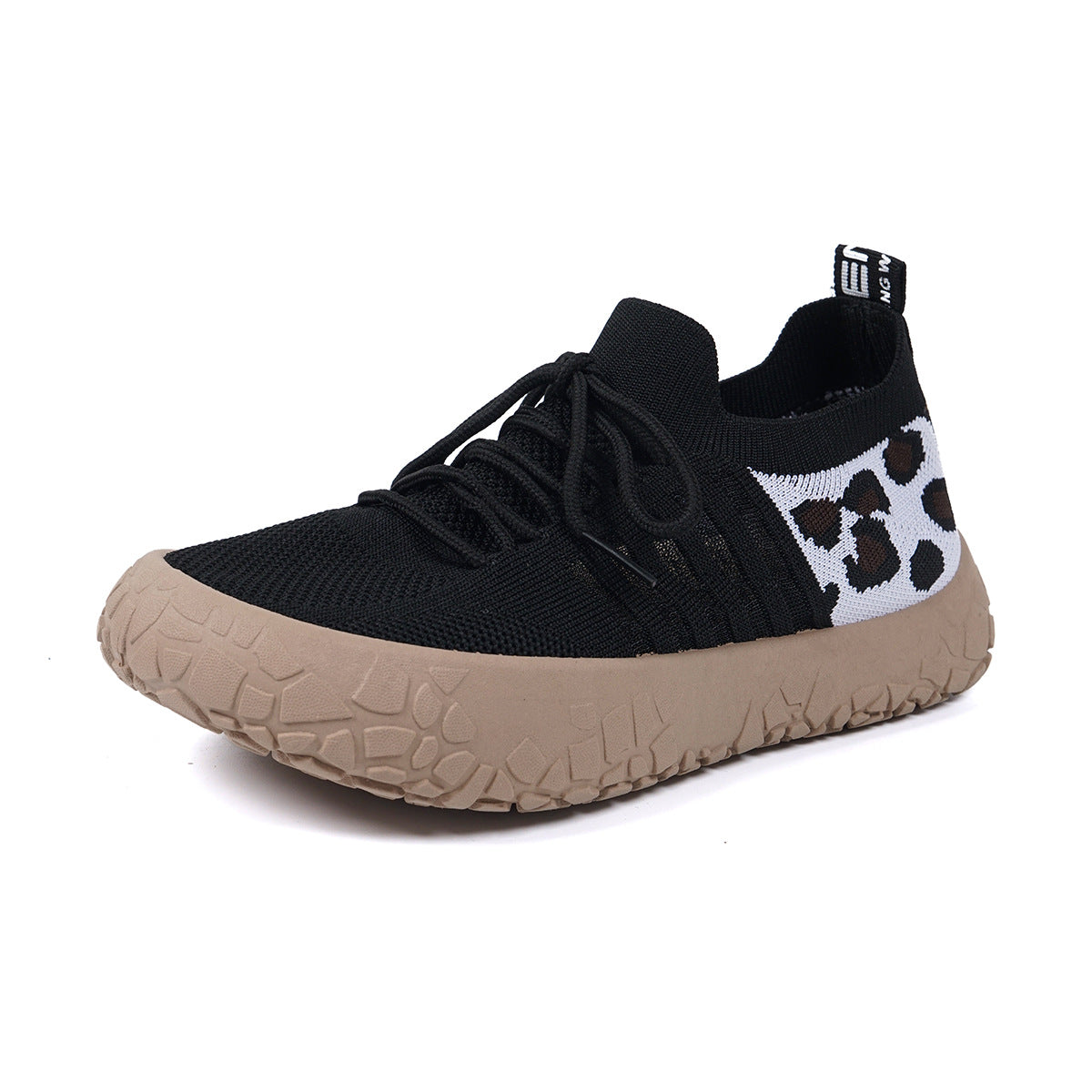 Women's Bootara Cerynna leopard detail slip-on sneakers with chunky sole, black knit fabric, available in US sizes 5 to 10.5.