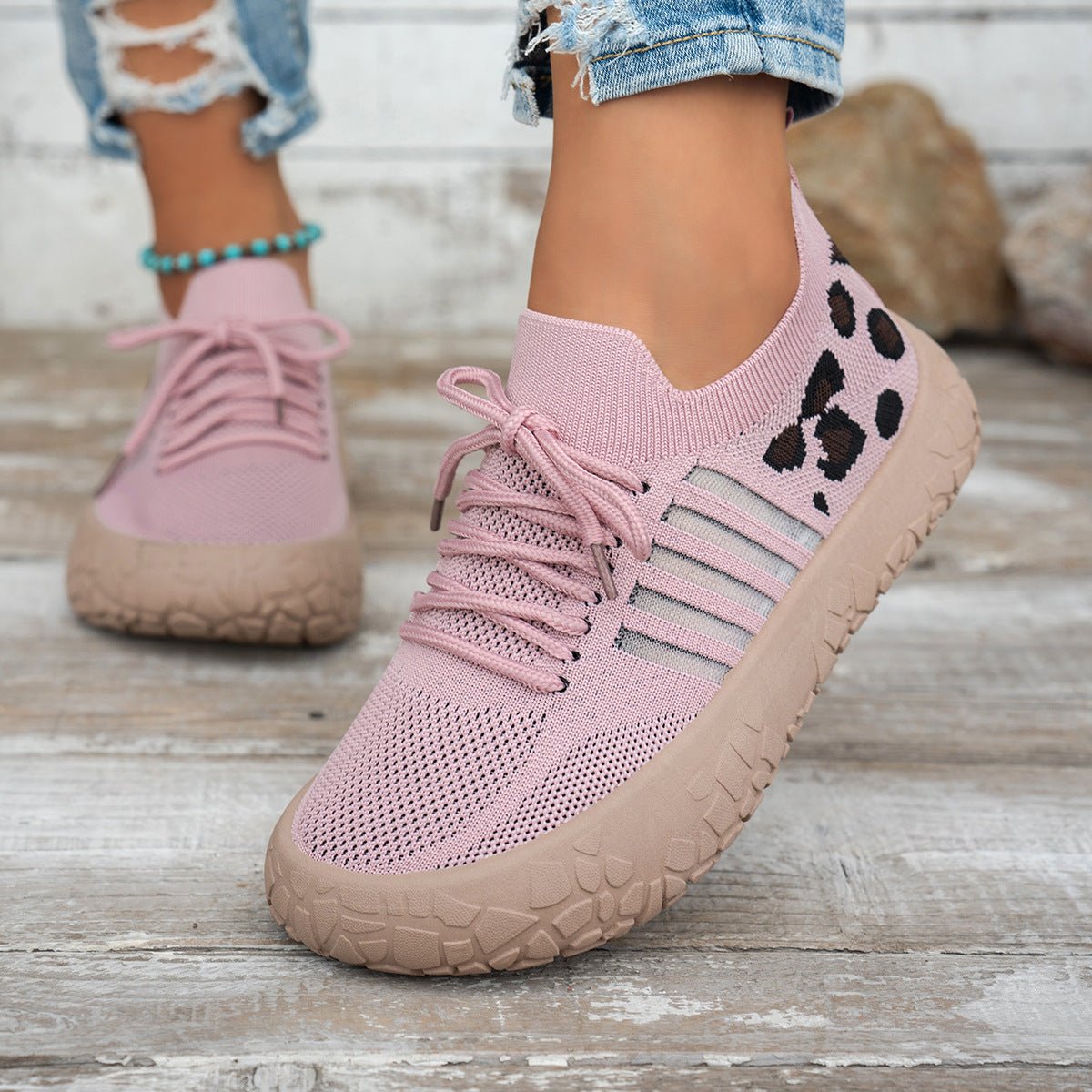 Women's Cerynna Knit Sneakers by Bootara with leopard details and chunky sole, slip-on design in pink, available in US sizes 5-10.5.
