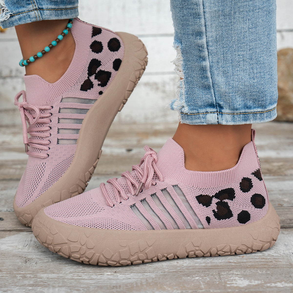 Women's Bootara Cerynna knit sneakers with leopard detail and chunky sole, slip-on style in pink, available in US sizes 5-10.5.