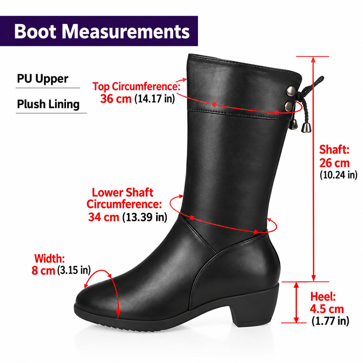 Black women's Brinelle mid-calf boots by Bootara with plush lining, side zipper, bow detail, and block heel in US sizes 4-9.5.