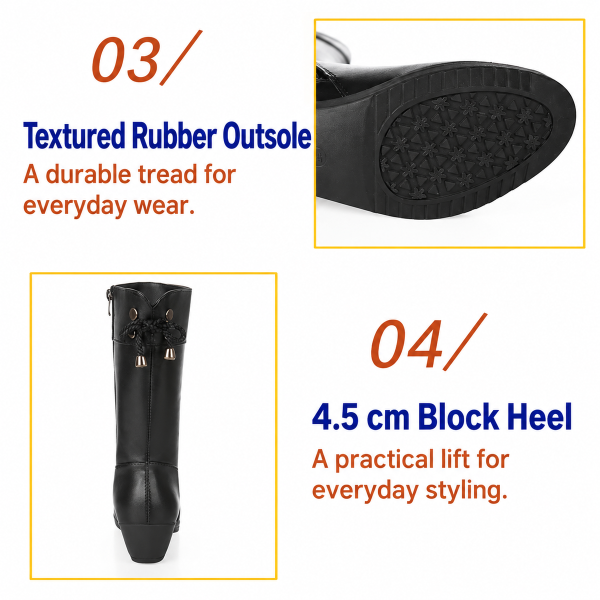 Black women's Brinelle mid-calf boots by Bootara with plush lining, side zip, bow detail, and block heel, available in US sizes 4-9.5
