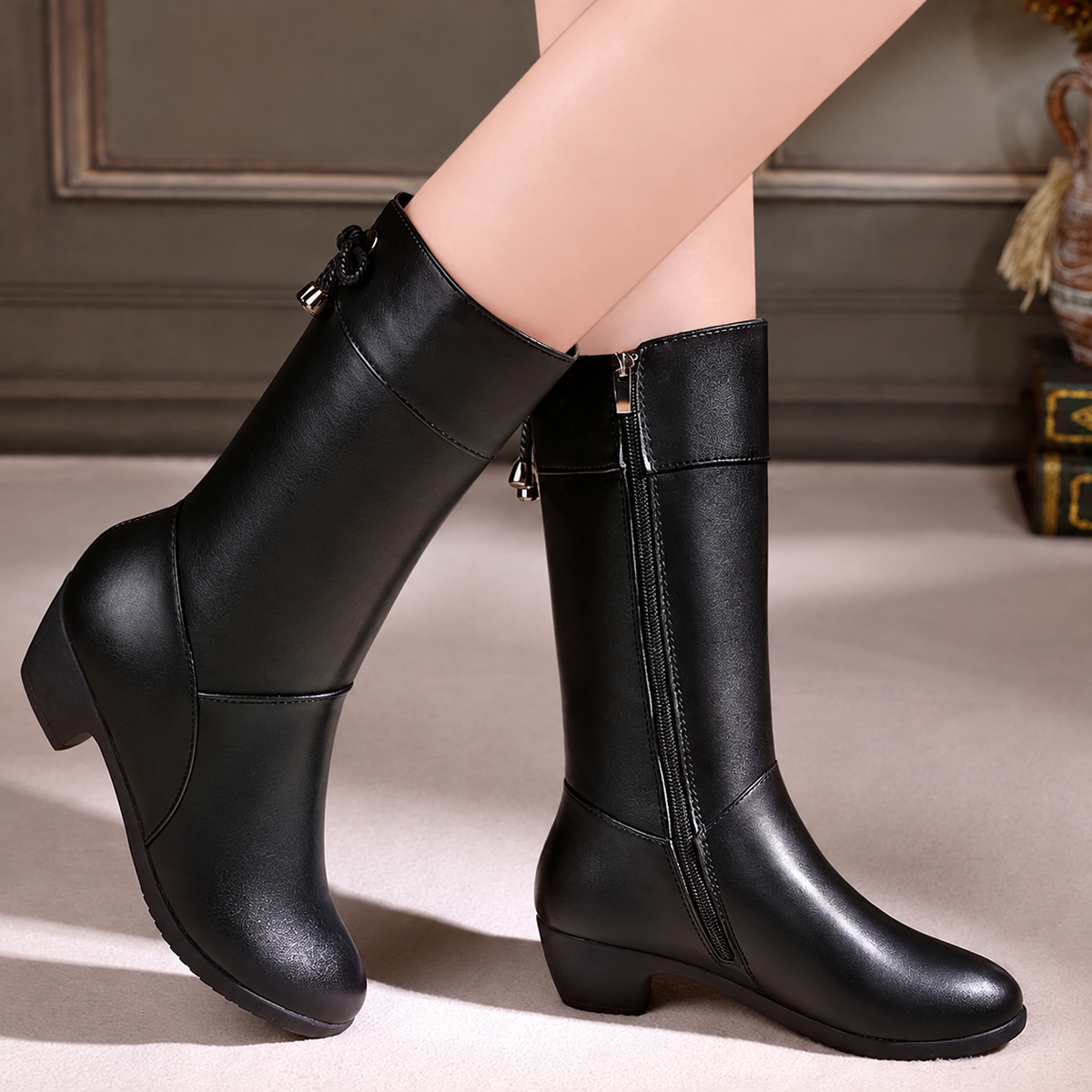 Black Women's Brinelle mid-calf boots by Bootara with plush lining, side zipper, bow detail, and block heel in US size 8.