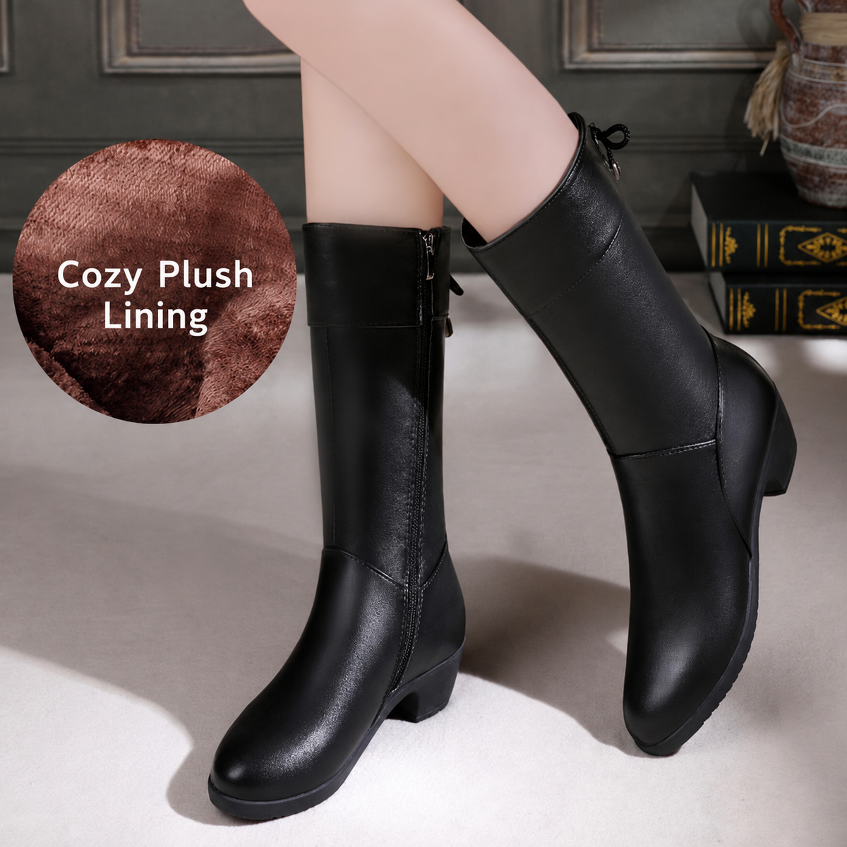 Black women's Brinelle mid-calf boots by Bootara featuring plush lining, side zipper, bow detail, and block heel in US size 9.
