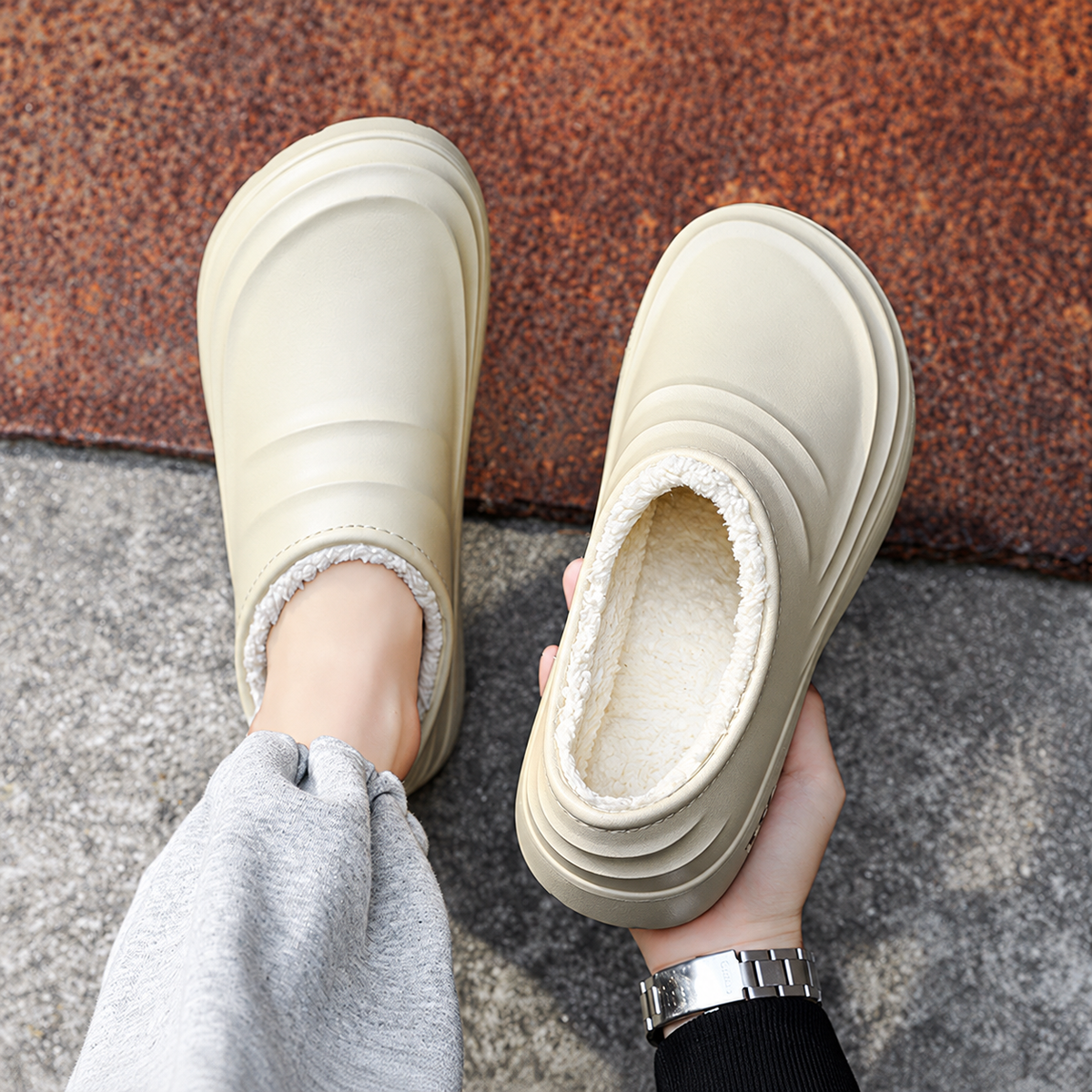 Beige women's Rovelle plush-lined closed-back slip-on clogs with sculpted EVA sole by Bootara, available in US sizes 5-11.