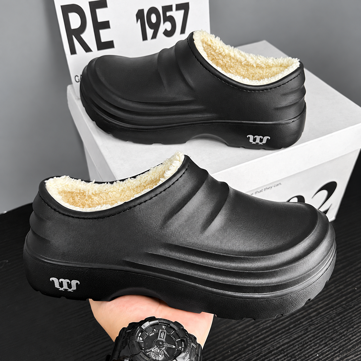 Black Women's Rovelle Plush Lined Clogs by Bootara featuring closed-back slip-on design and sculpted EVA sole in US sizes 5-11.