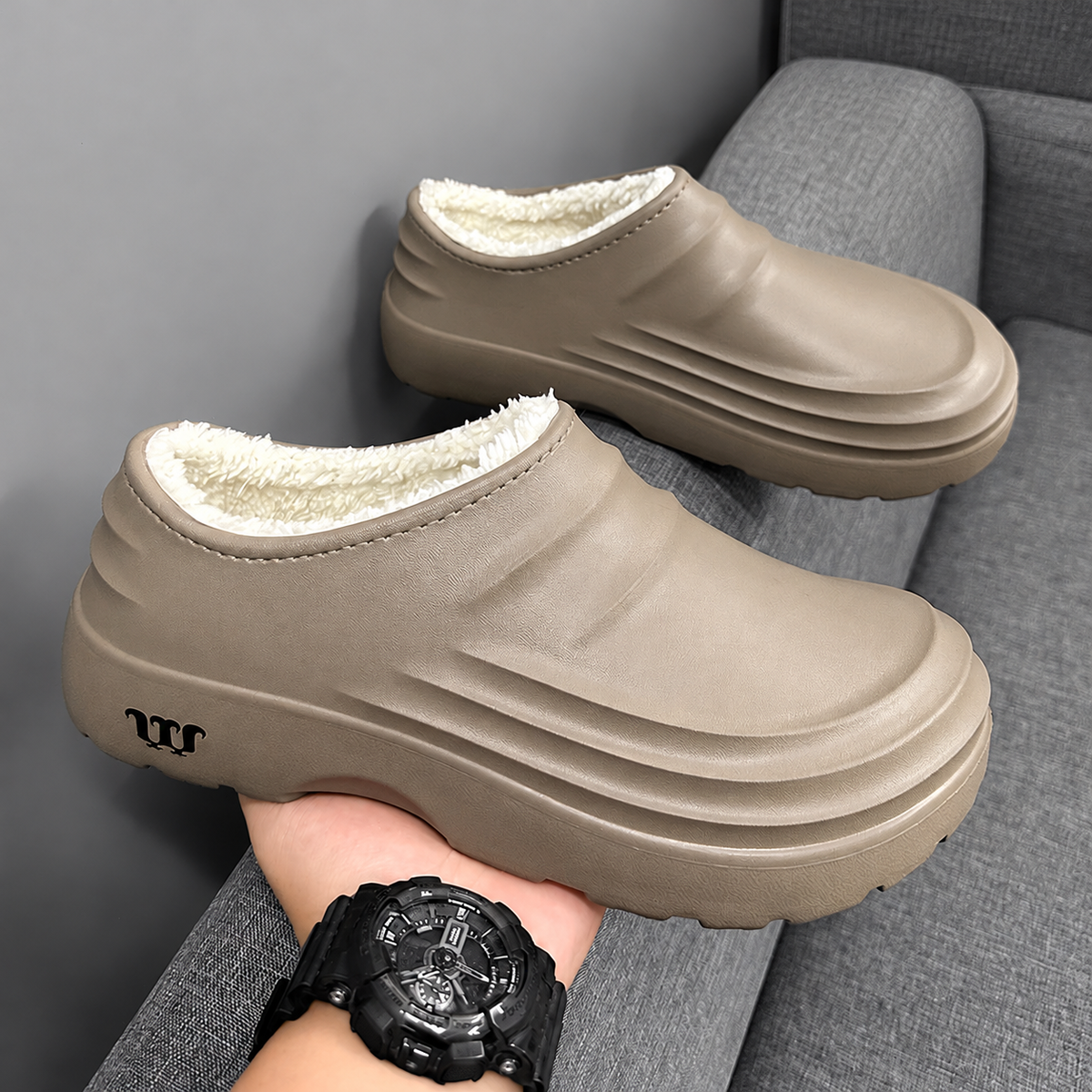 Light brown women's Rovelle plush-lined slip-on clogs with closed back and sculpted EVA sole by Bootara.