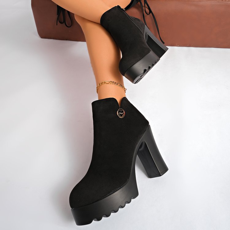 Black women's Veylisse platform ankle boots by Bootara with round toe, side zip, heart detail, and high block heel.