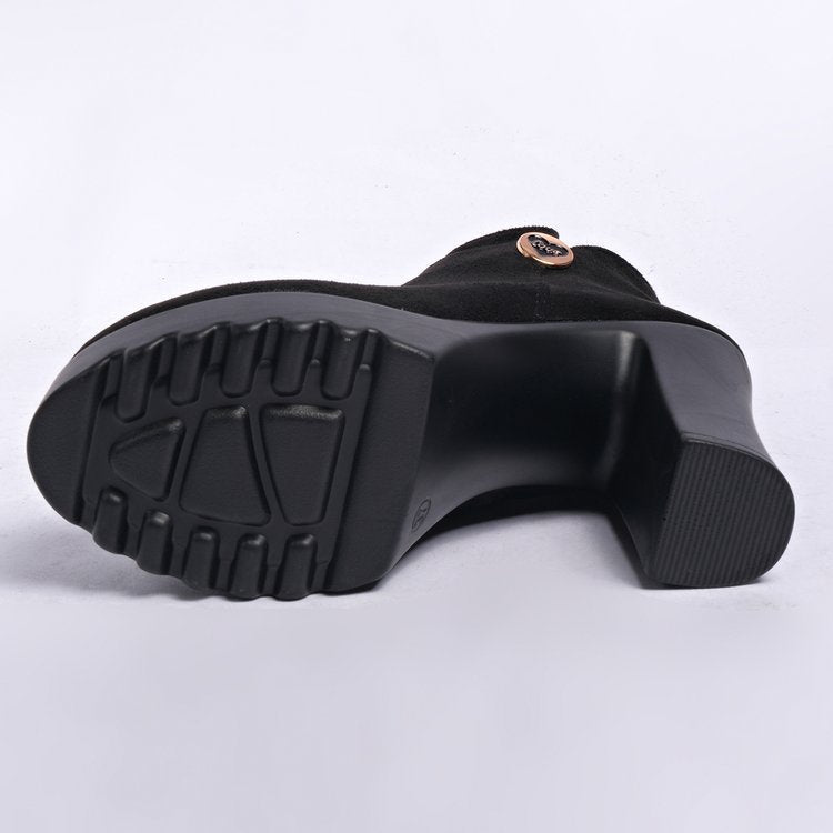 Black women's Veylisse platform ankle boots by Bootara with round toe, side zipper, heart detail, and high block heel.