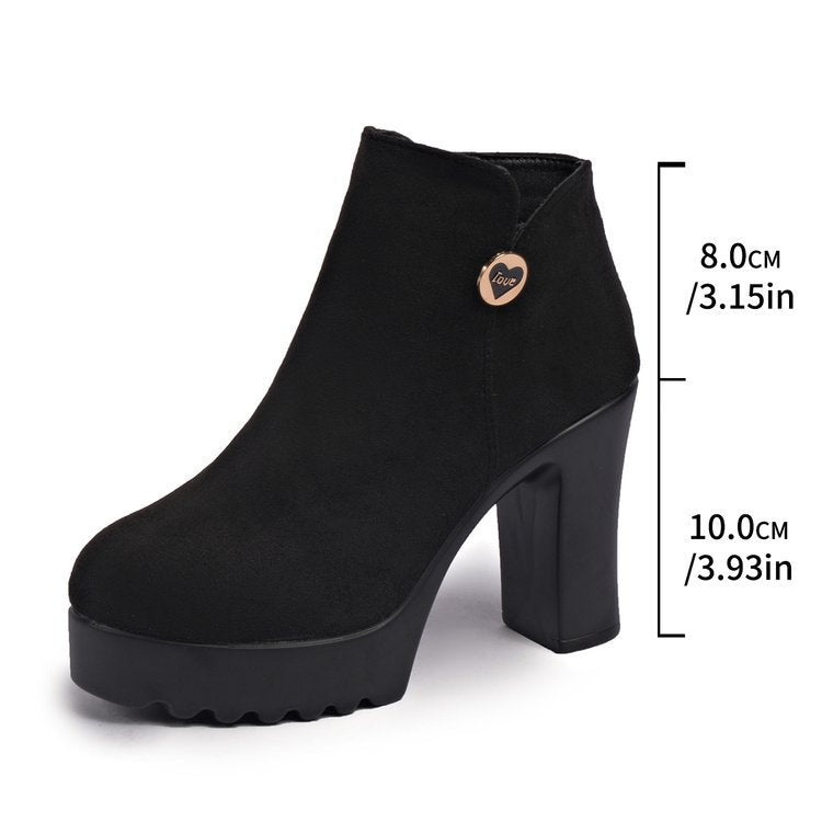 Black women's Veylisse platform ankle boots by Bootara with round toe, side zip, heart detail, and high block heel, US size 4-10.5.