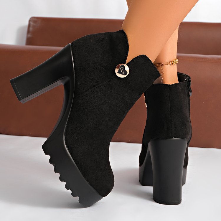 Black Women's Veylisse platform ankle boots by Bootara with round toe, side zipper, heart detail, and high block heel.