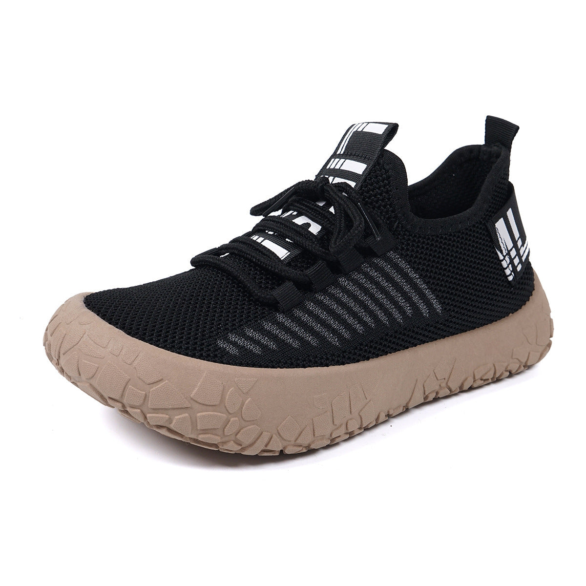 Women's black Kestielle Knit Sneakers by Bootara with breathable slip-on design, laces, and chunky textured sole.