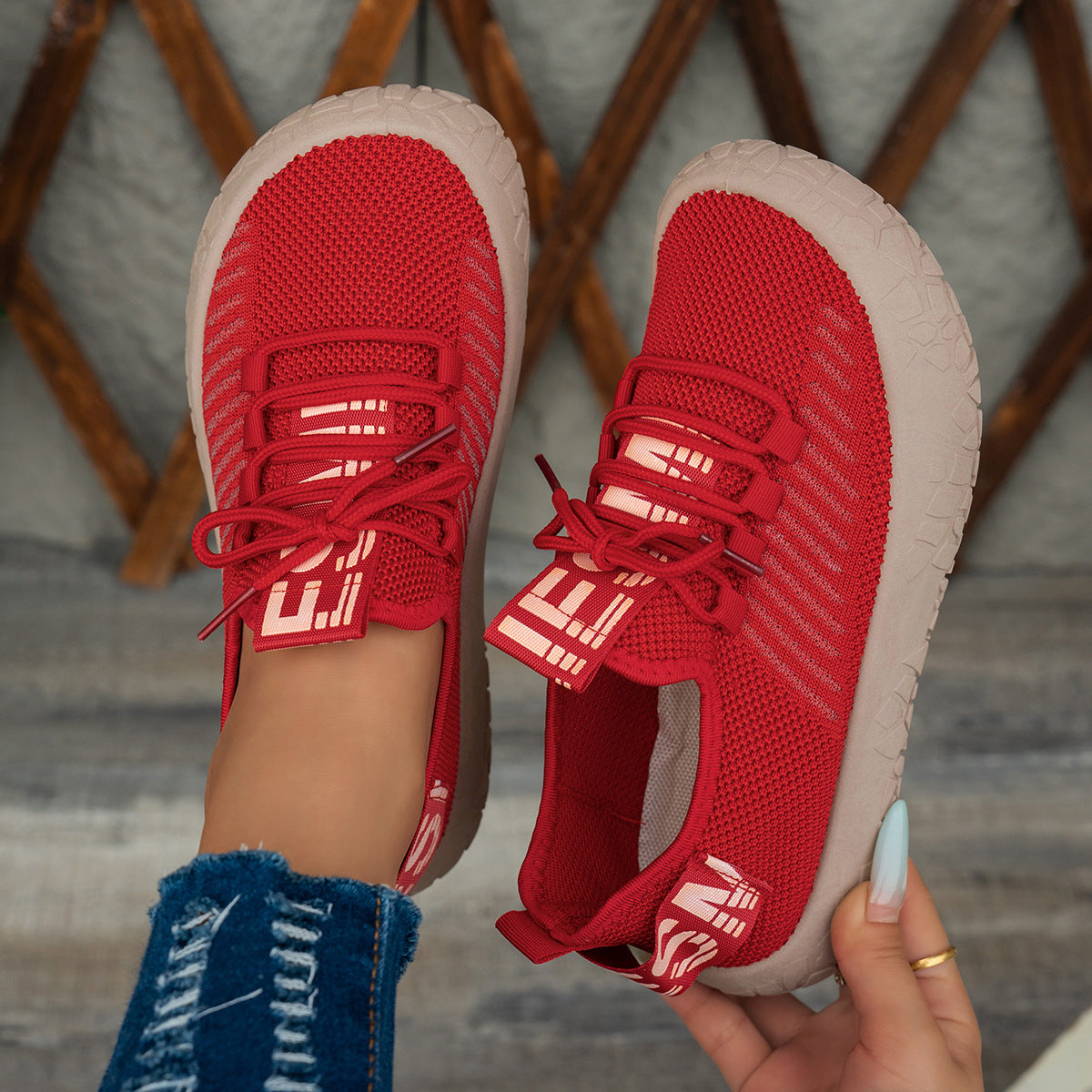 Women's Kestielle Knit Sneakers by Bootara in blue, breathable slip-on shoes with laces and chunky textured sole.
