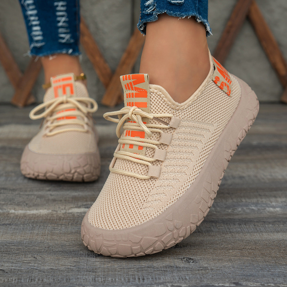Women's Kestielle Knit Sneakers by Bootara in khaki, slip-on breathable shoes with laces and chunky textured sole, US 5-10.5.