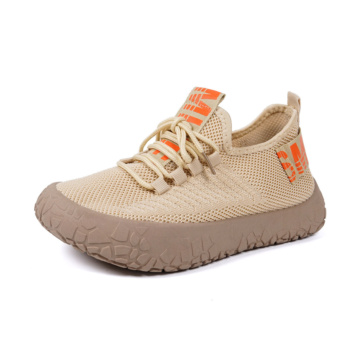 Women's Kestielle Knit Sneakers by Bootara in khaki, breathable slip-on shoes with laces and chunky textured sole.