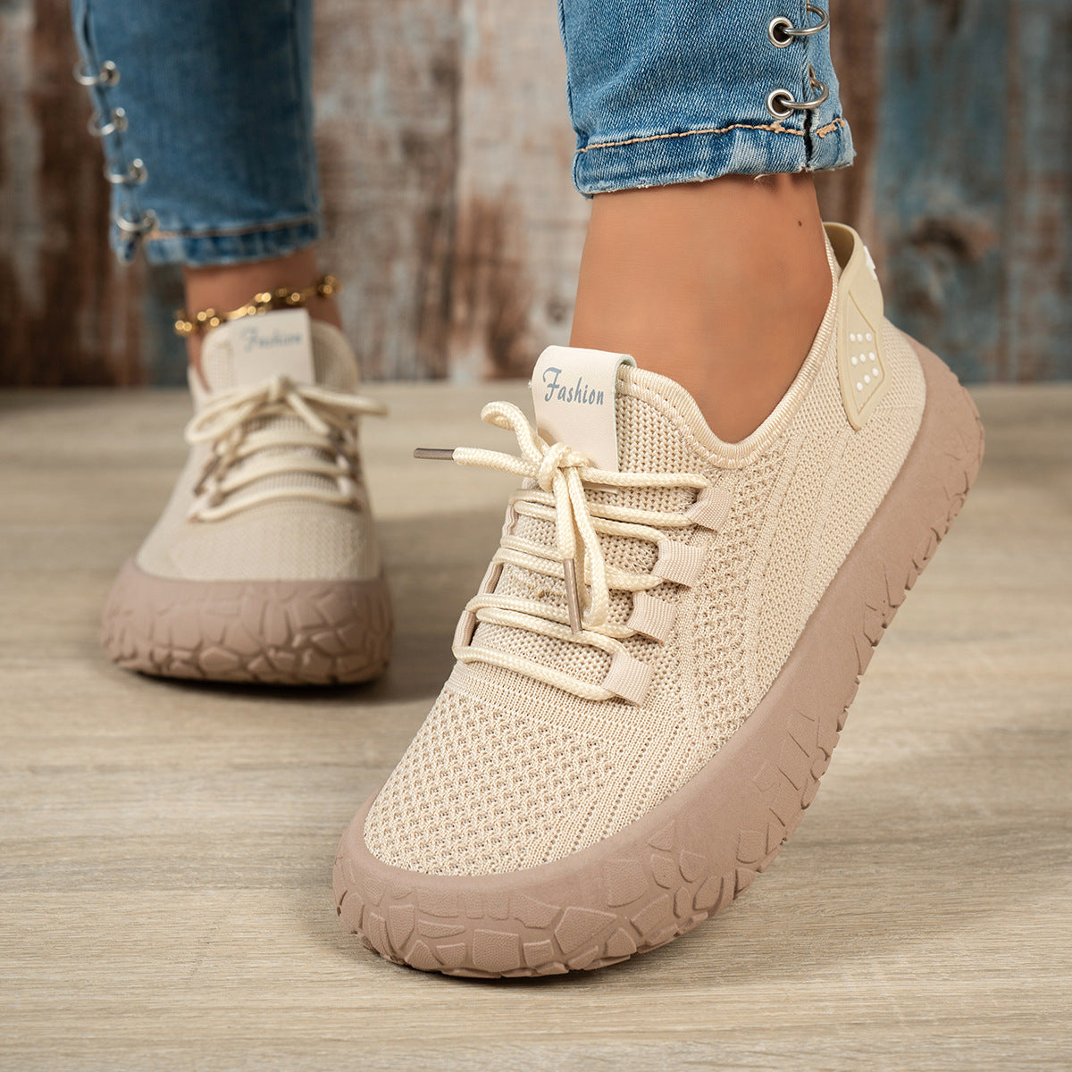 Women's Bootara Thessalie knit sneakers in khaki with slip-on design, laces, and textured chunky sole, breathable and stylish.