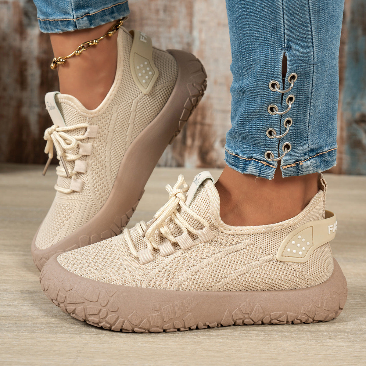Women’s Thessalie Knit Sneakers by Bootara in khaki, breathable slip-on shoes with textured chunky sole and laces.