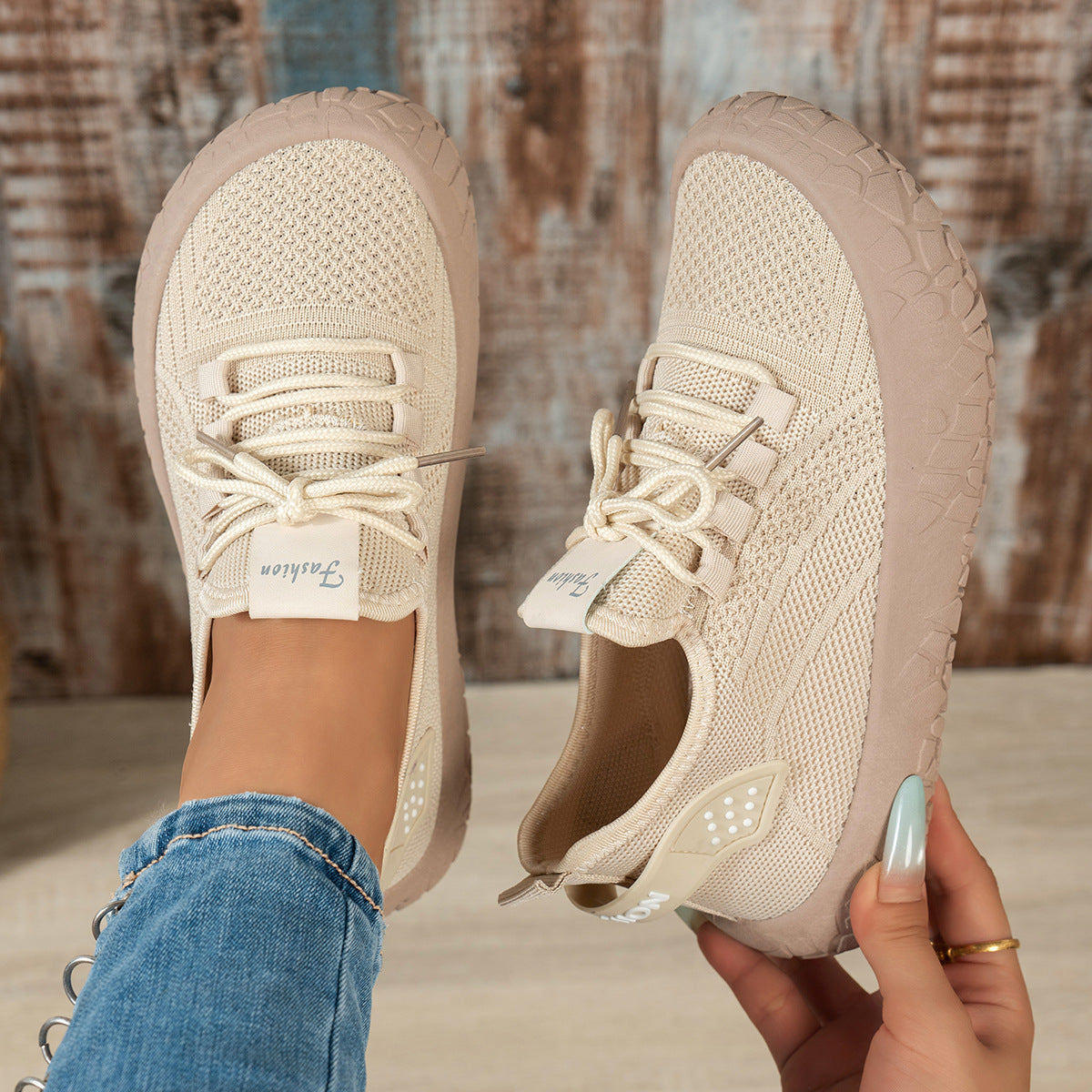 Women's Bootara Thessalie knit sneakers in khaki with slip-on design, laces, and textured chunky sole, breathable casual footwear.