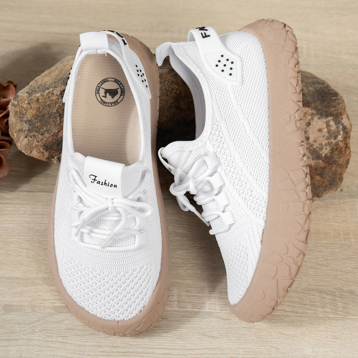 Women's Thessalie Knit Sneakers by Bootara, white breathable slip-on shoes with laces and textured chunky sole, US sizes 5-10.5.