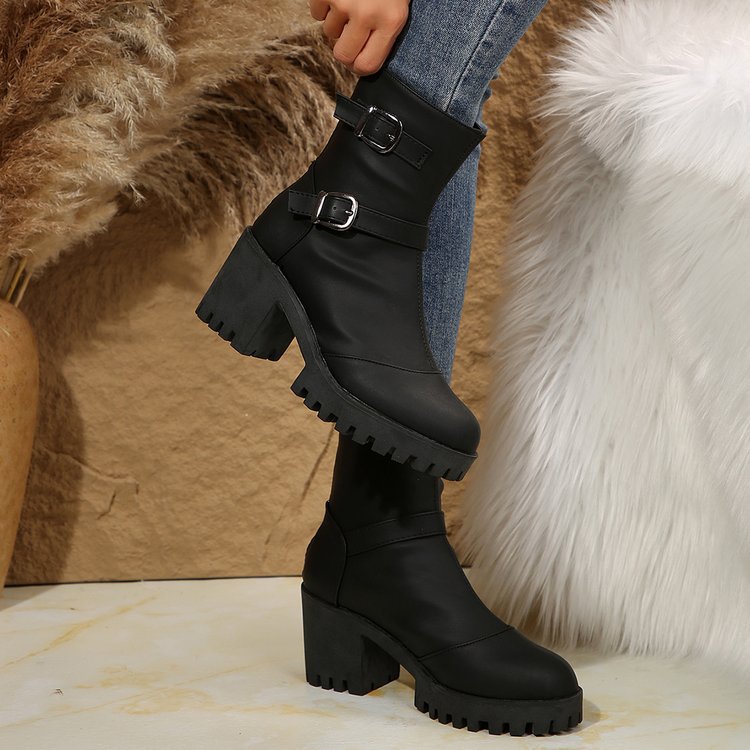 Black Women's Orvessa ankle boots by Bootara with double buckles, round toe, 6.5 cm block heel, and lug sole in US sizes 5-10.5.