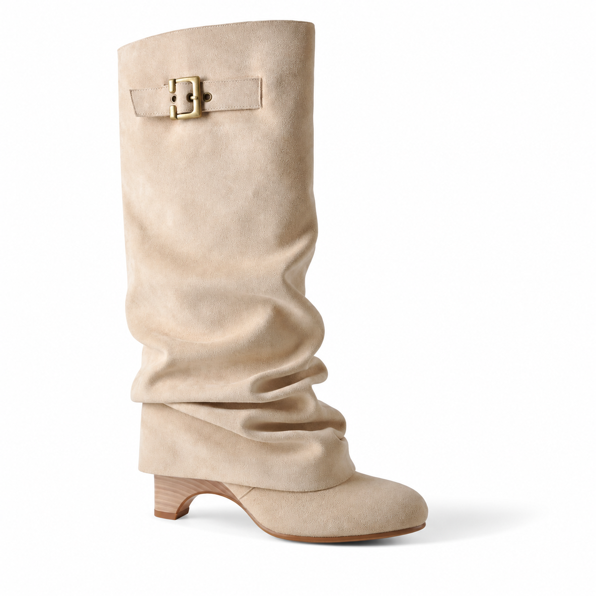 Beige women's Velmorie slouch knee-high boots by Bootara with suede-look finish, buckle details, and round toe design.