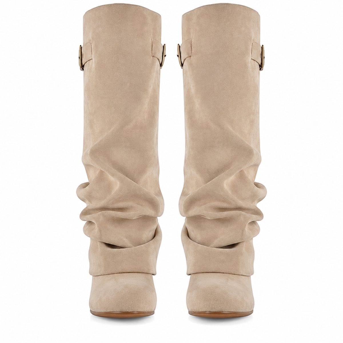 Beige women's Velmorie slouch knee-high boots by Bootara with buckle detail and round toe, in suede-look material.