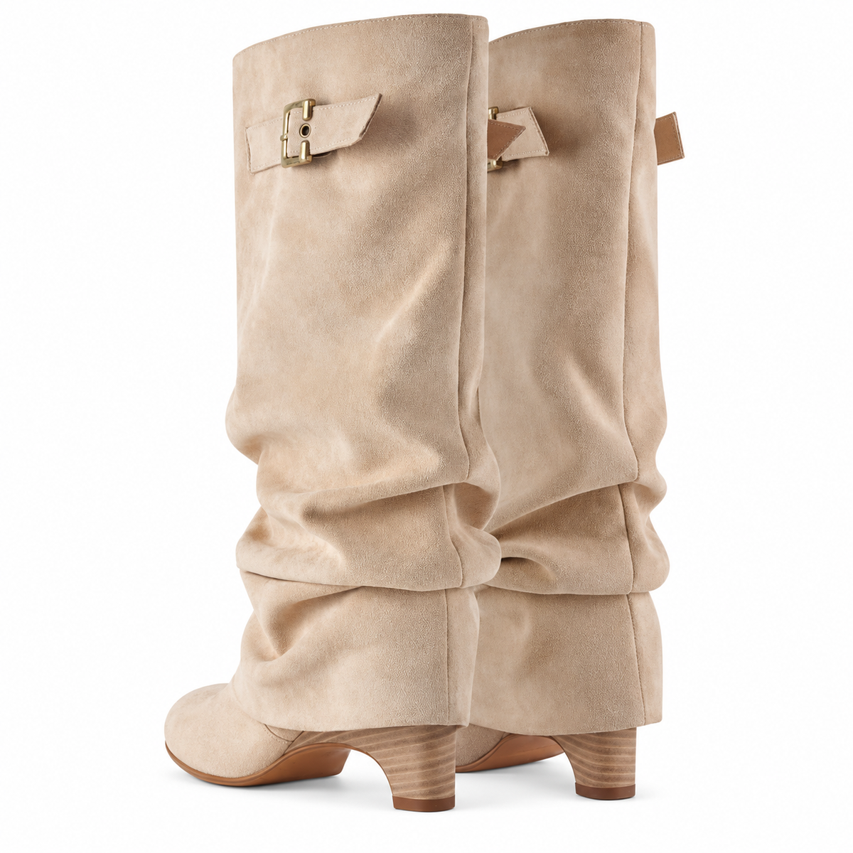 Beige women's Velmorie slouch knee-high boots by Bootara with buckle detail, round toe, suede-look finish, available in US sizes 4-10.5.